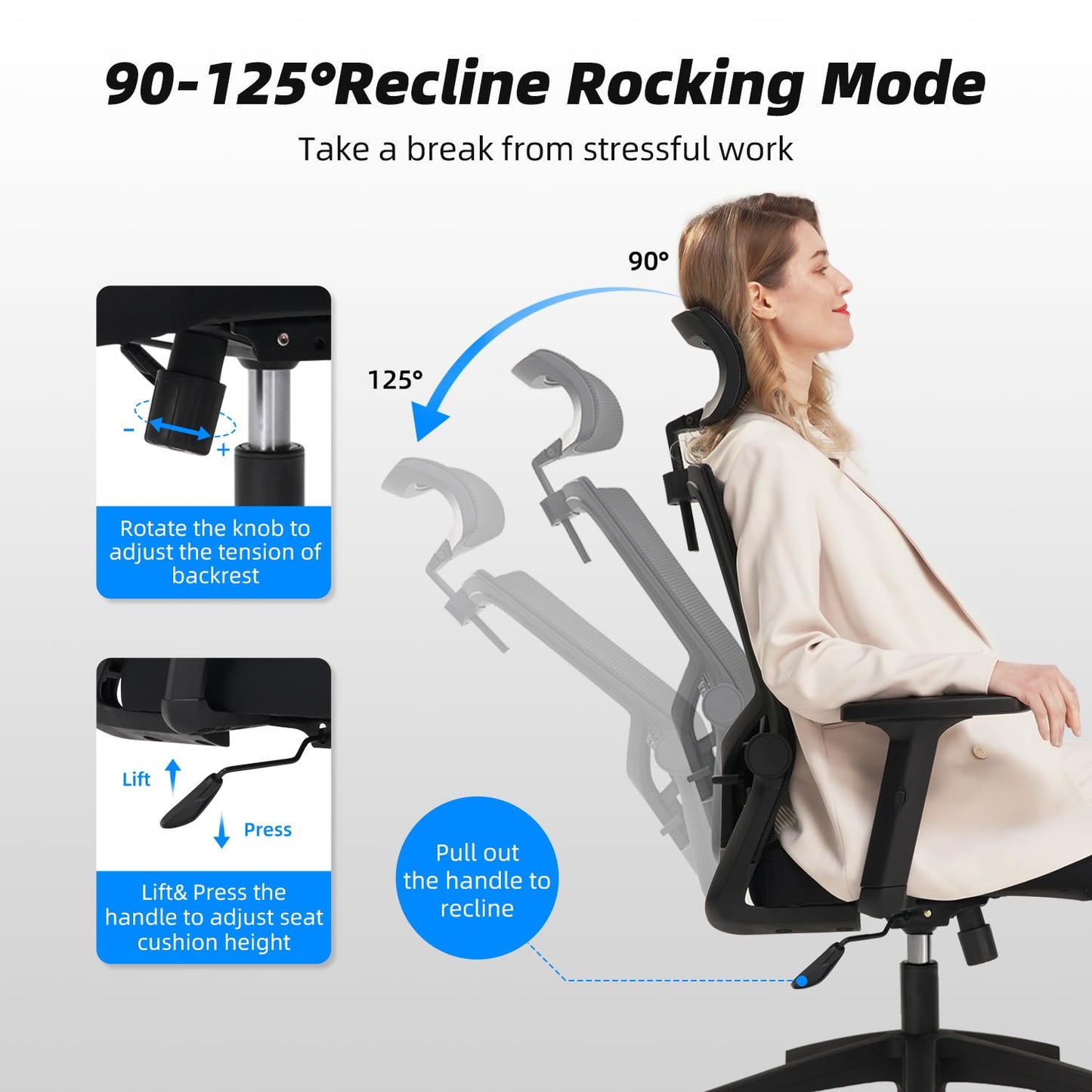 Silla de Oficina Ergonómica – Respaldo Transpirable, Apoyo Lumbar, Reposacabezas y Brazos Ajustables, Función Basculante, 150 kg