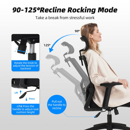 Silla de Oficina Ergonómica – Respaldo Transpirable, Apoyo Lumbar, Reposacabezas y Brazos Ajustables, Función Basculante, 150 kg