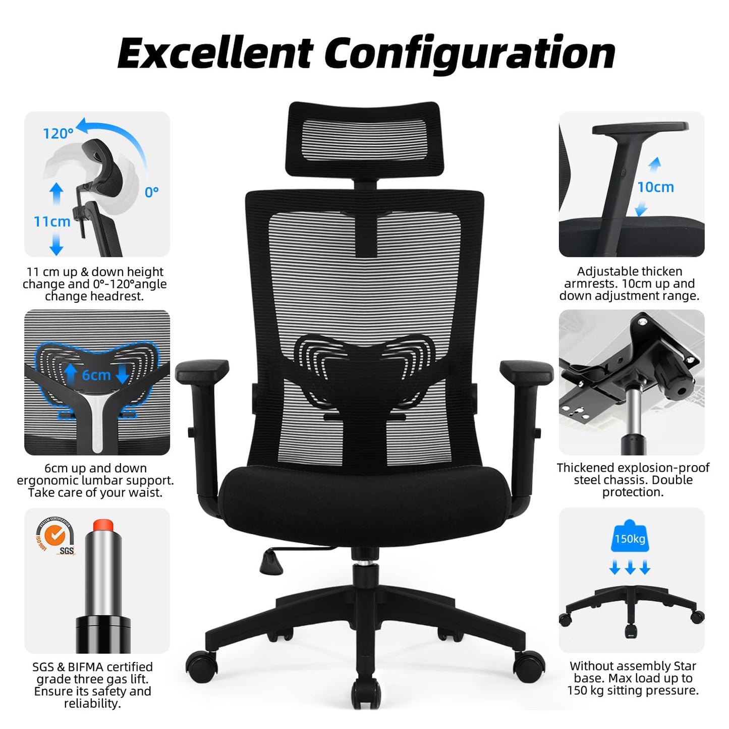Silla de Oficina Ergonómica – Respaldo Transpirable, Apoyo Lumbar, Reposacabezas y Brazos Ajustables, Función Basculante, 150 kg