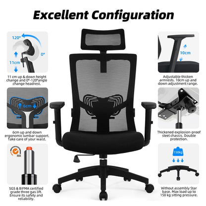 Silla de Oficina Ergonómica – Respaldo Transpirable, Apoyo Lumbar, Reposacabezas y Brazos Ajustables, Función Basculante, 150 kg