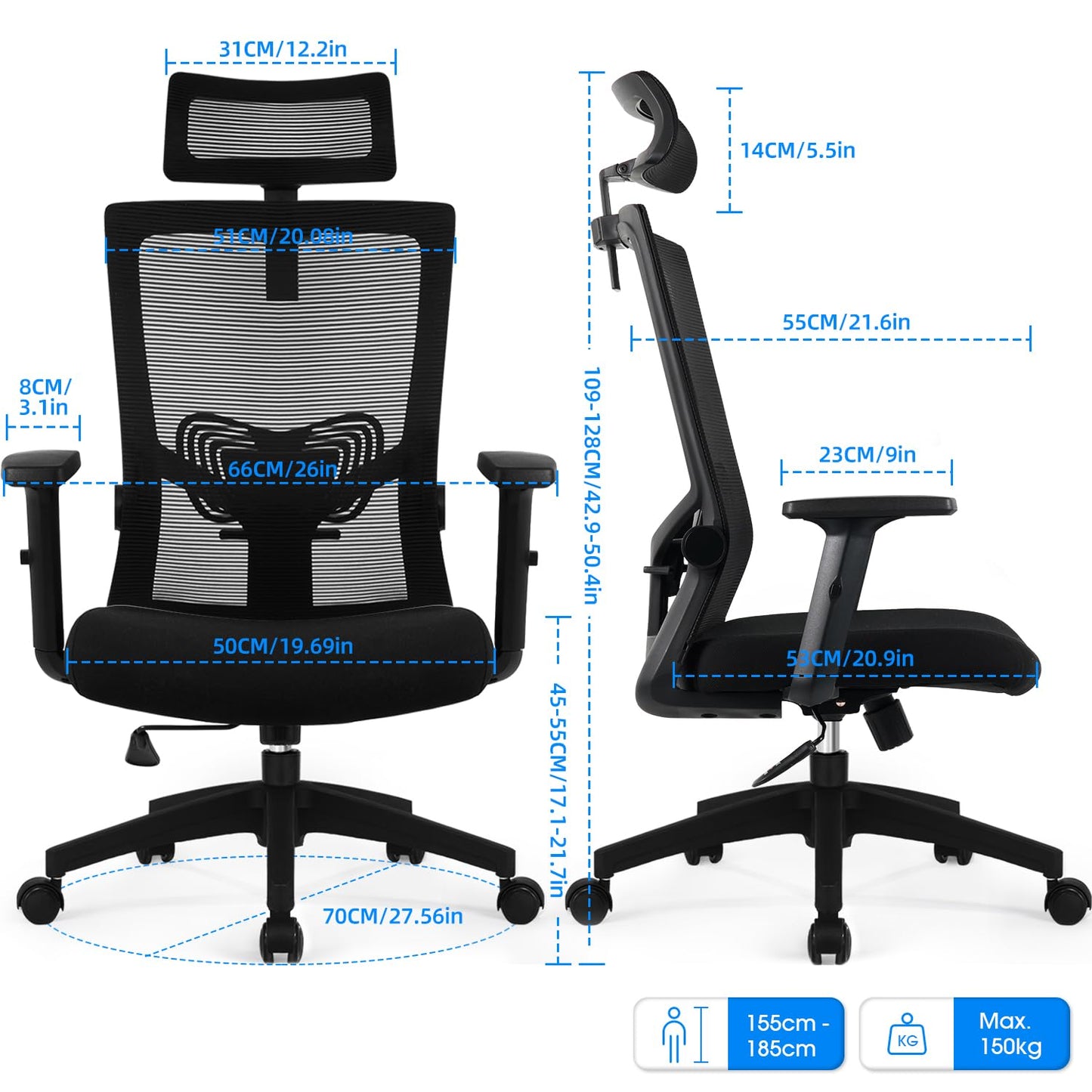 Silla de Oficina Ergonómica – Respaldo Transpirable, Apoyo Lumbar, Reposacabezas y Brazos Ajustables, Función Basculante, 150 kg