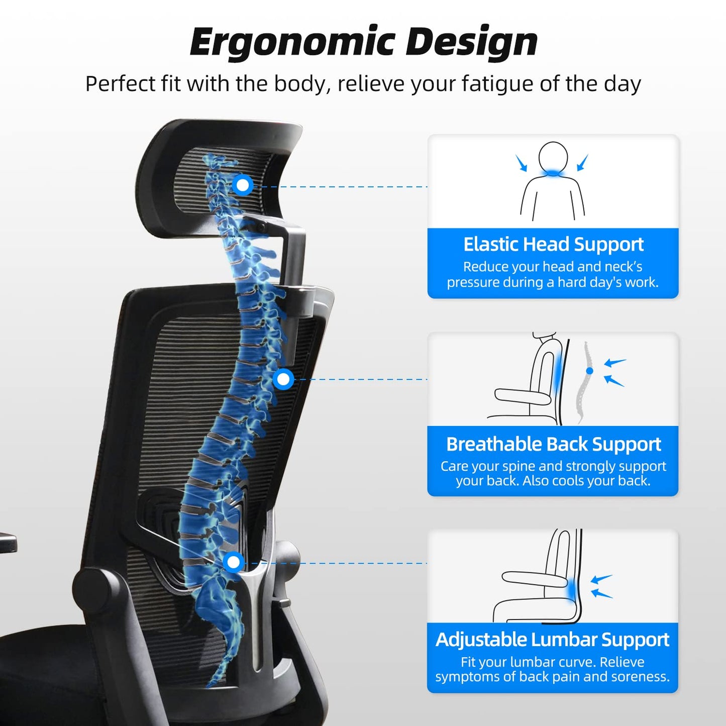 Silla de Oficina Ergonómica – Respaldo Transpirable, Apoyo Lumbar, Reposacabezas y Brazos Ajustables, Función Basculante, 150 kg