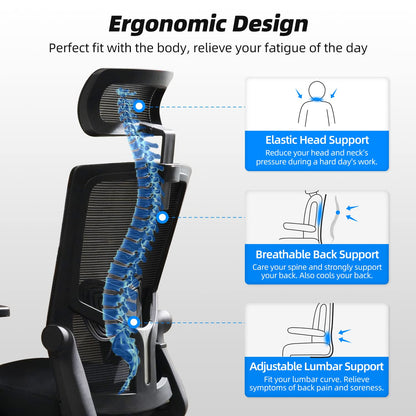 Silla de Oficina Ergonómica – Respaldo Transpirable, Apoyo Lumbar, Reposacabezas y Brazos Ajustables, Función Basculante, 150 kg